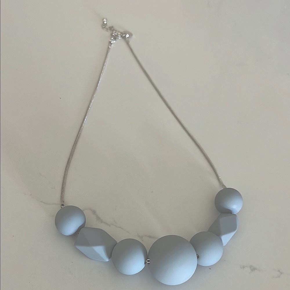 geometric Beaded statement Necklace blue beads silver chain chunky necklace